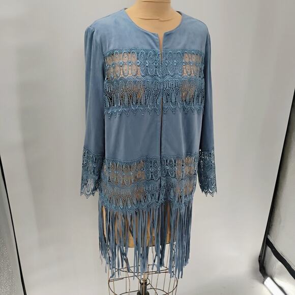 Chicos 0 Womens Open Lace And Fringe Steel Blue Faux Suede Cardigan Sz 2 NWOT - Picture 6 of 16